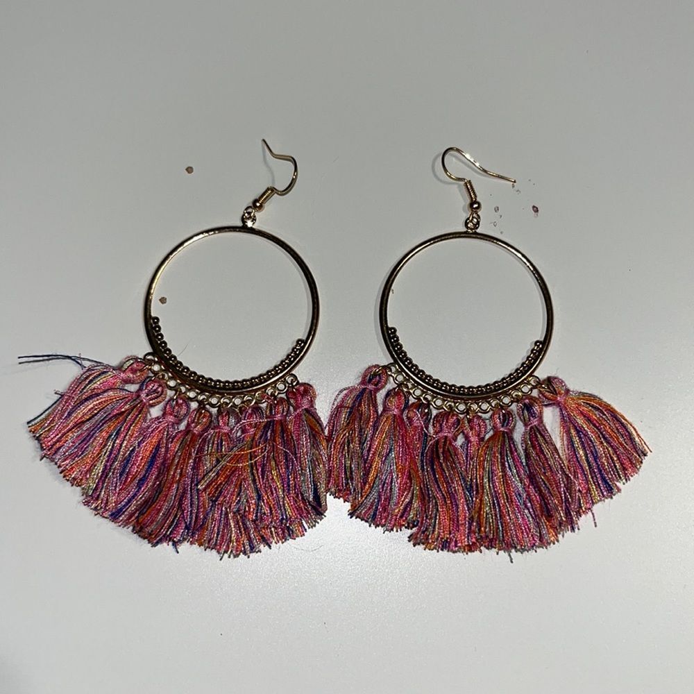 NEW Never Used! Colorful Tassel Dangle Earrings Boho Bohemian Gold Tone